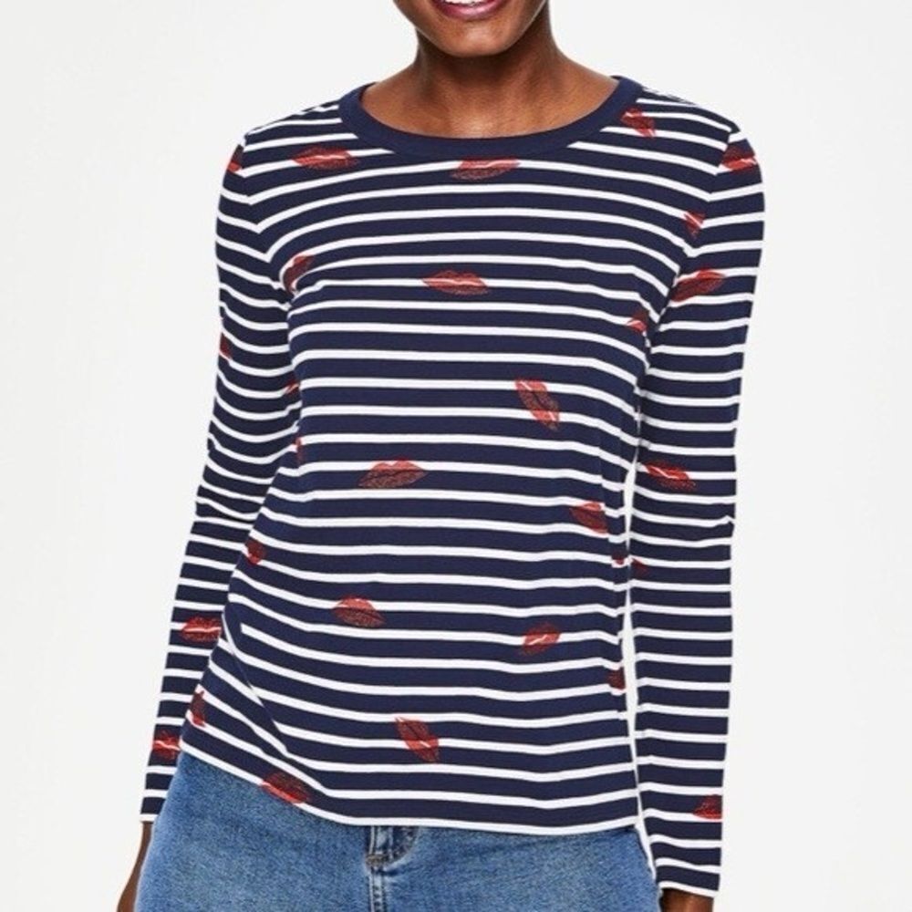 Boden Womens 12 Navy Blue White Stripe Top Red Glitter Lips Pullover T Shirt